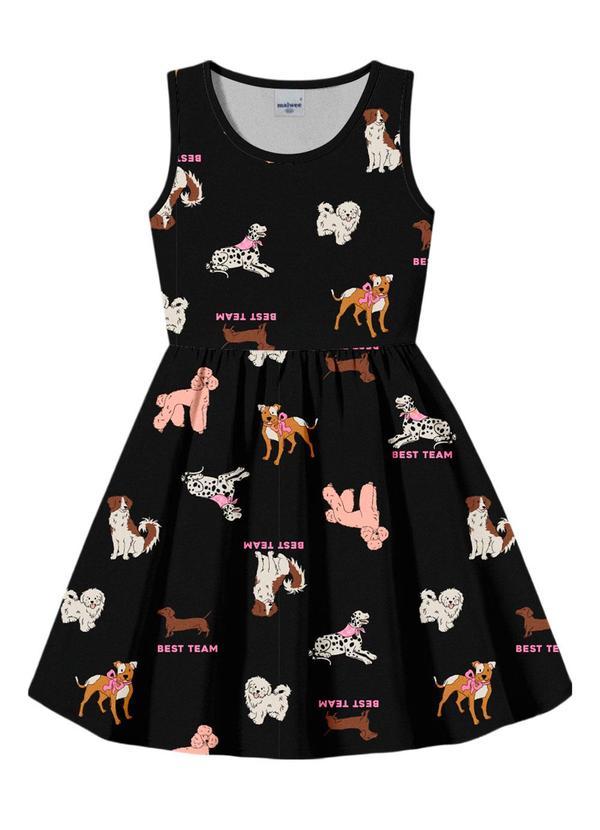 Vestido Godê Acinturado Estampado Preto
