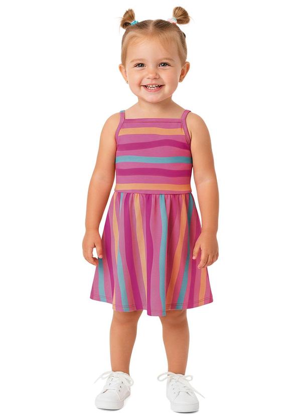 Vestido Godê Acinturado Listrado Rosa