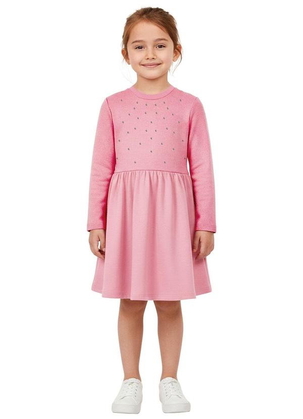 Vestido Godê Canelado com Aplique Rosa Claro