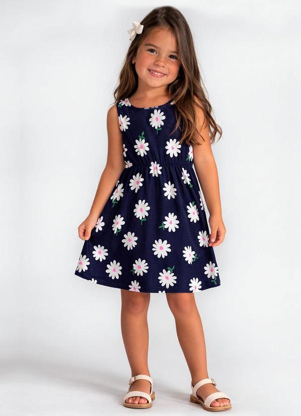 Vestido Infantil com Cintura Franzida Azul