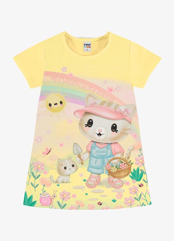 Vestido Infantil com Estampa de Gatinho Amarelo