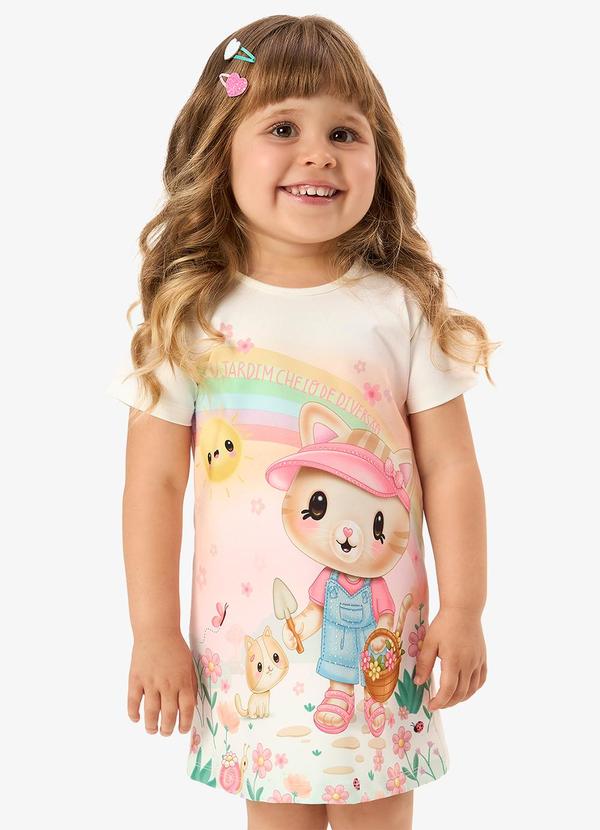 Vestido Infantil com Estampa de Gatinho Bege