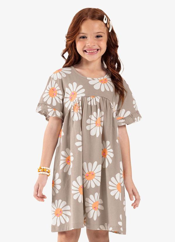 Vestido Infantil com Estampando Flores Bege