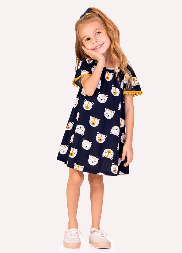 Vestido Infantil com Fita de Pompom Azul Marinho