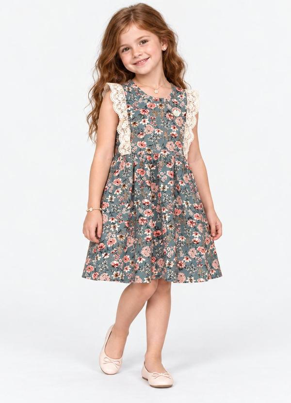 Vestido Infantil com Flores Verde