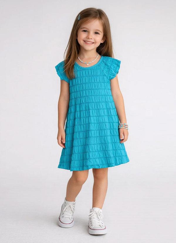 Vestido Infantil com Franzido na Manga Azul