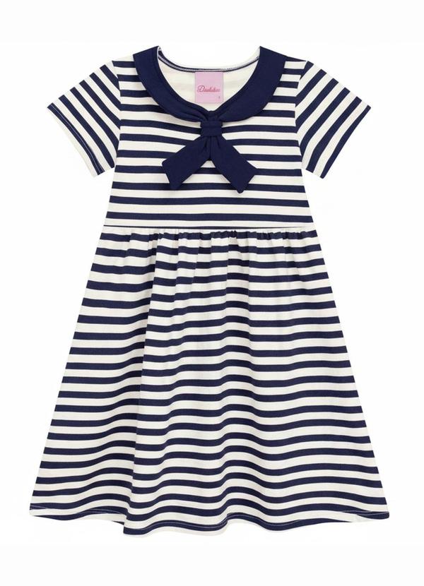 Vestido Infantil com Pala Estampa Listras Azul