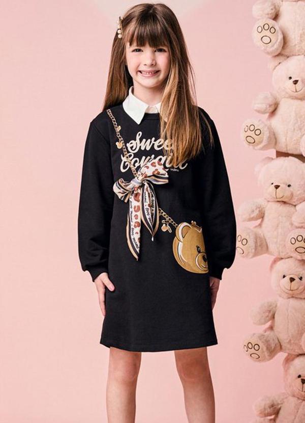 Vestido Infantil de Moletom com Bolsa de Ursinho