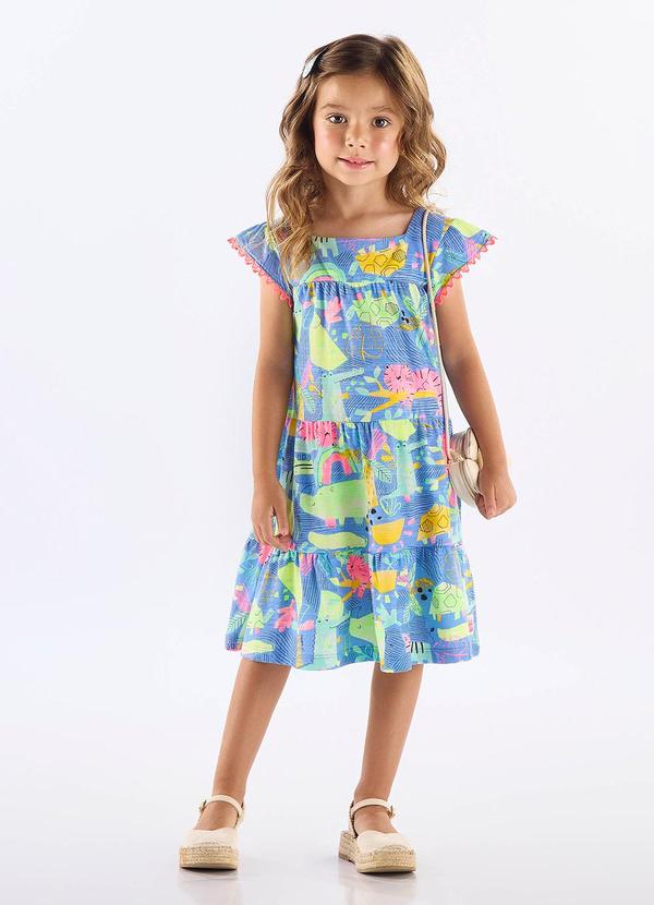 Vestido Infantil em Algodão Flamê Azul