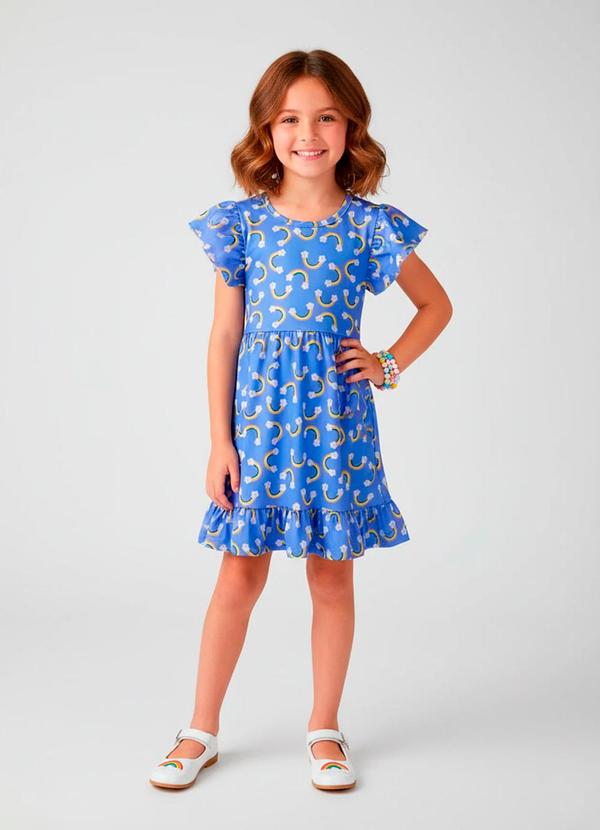 Vista 2 Vestido Infantil Manga Curta Arco-Íris Azul Laluna Laluna