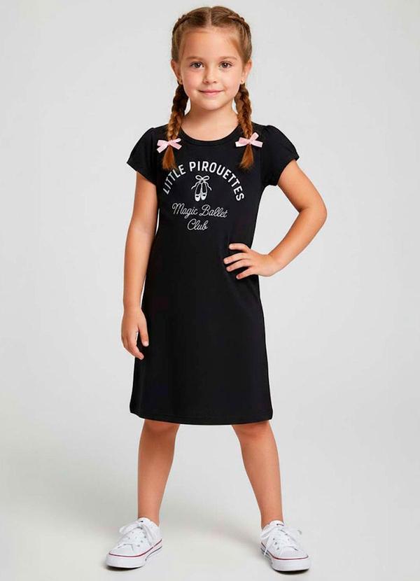 Vestido Infantil Manga Curta Estampado Preto