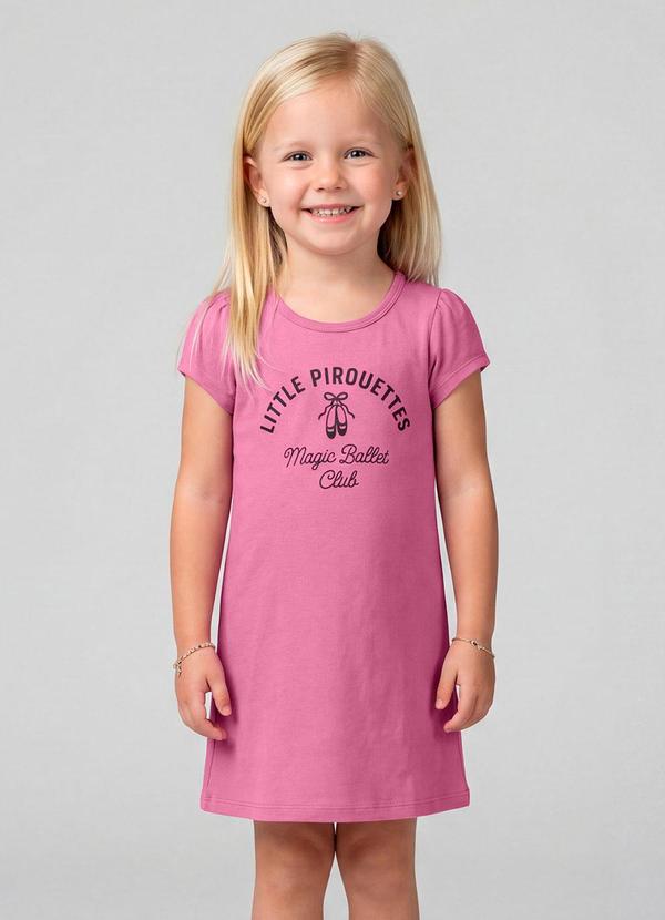 Vestido Infantil Manga Curta Estampado Rosa