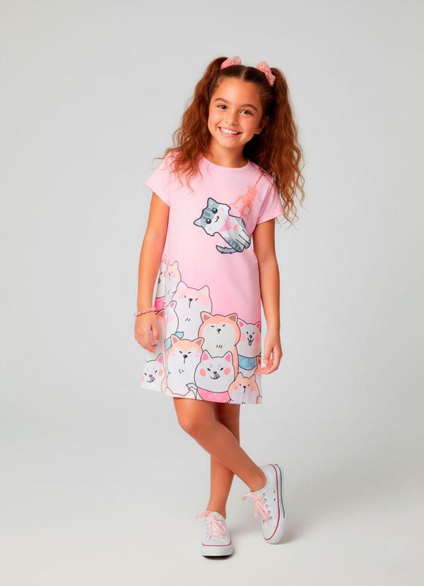 Vista 2 Vestido Infantil Manga Curta Gatinhos Rosa Laluna Laluna