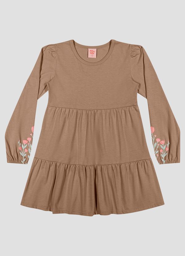 Vestido Infantil Manga Longa em Meia Malha com Estampa Marrom