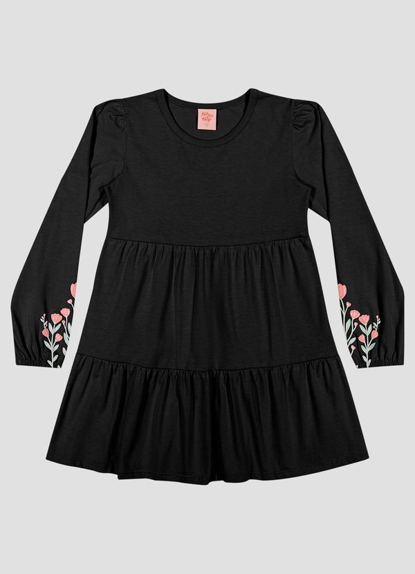 Vestido Infantil Manga Longa em Meia Malha com Estampa Preto