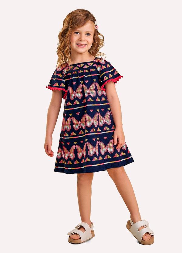 Vista 2 Vestido Infantil Menina Borboletas Azul Marinho Kyly Kyly