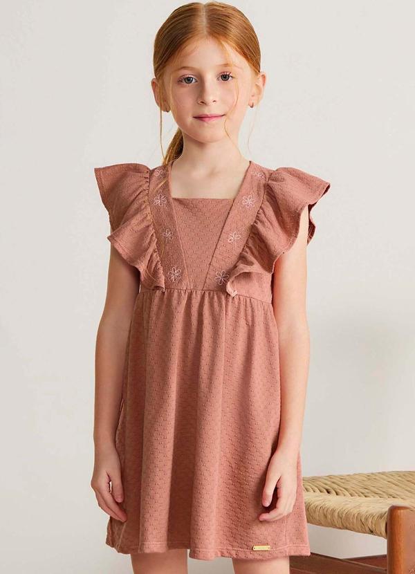 Vestido Infantil Menina Bordado Flores Marrom