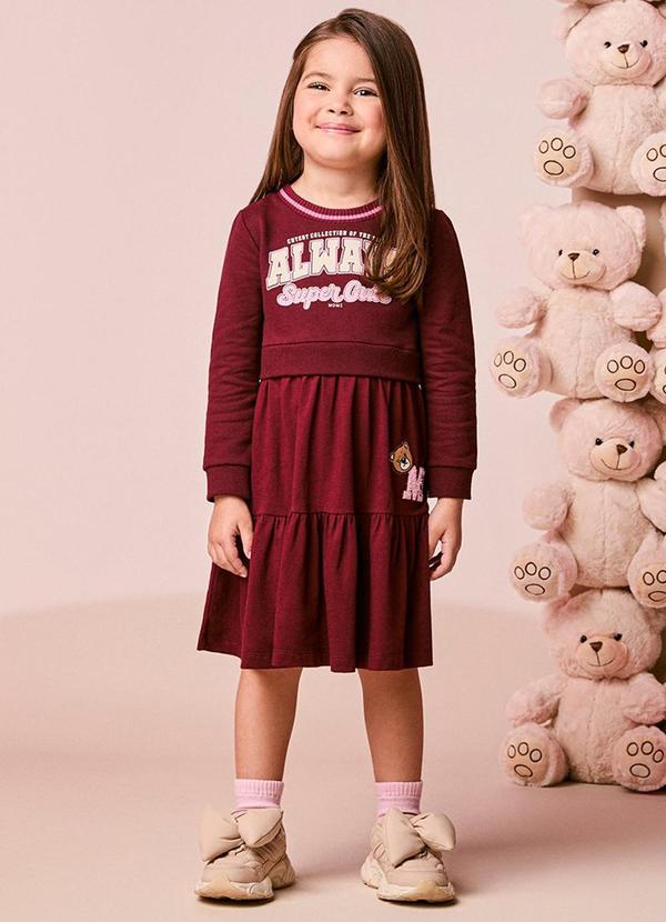 Vestido Infantil Menina Bordô com Patch de Ursinho