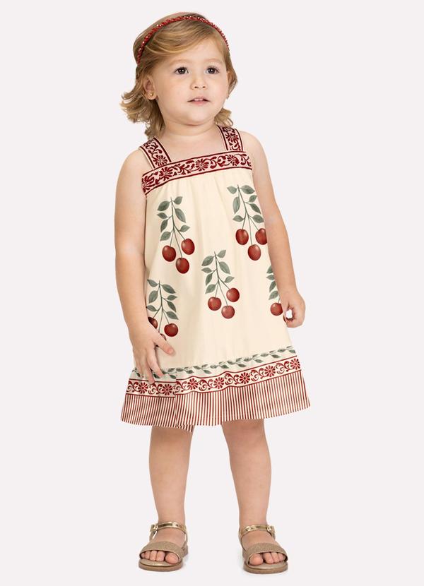 Vestido Infantil Menina Cerejas Bege