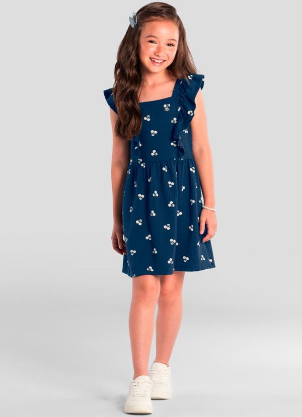 Vestido Infantil Menina de Cerejas Azul