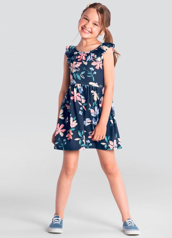 Vista 2 Vestido Infantil Menina de Flores em Malha Azul Brandili Brandili