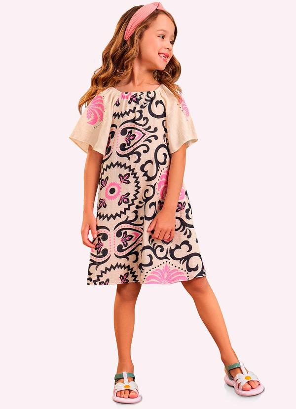 Vestido Infantil Menina Estampa Nanai Bege