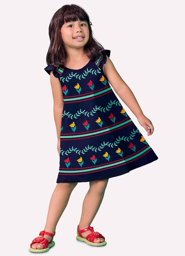 Vista 2 Vestido Infantil Menina Flores Azul Marinho Nanai Nanai
