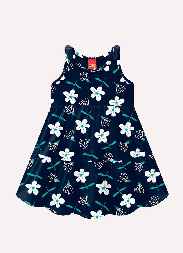 Vista 2 Vestido Infantil Menina Flores Azul Marinho Kyly Kyly