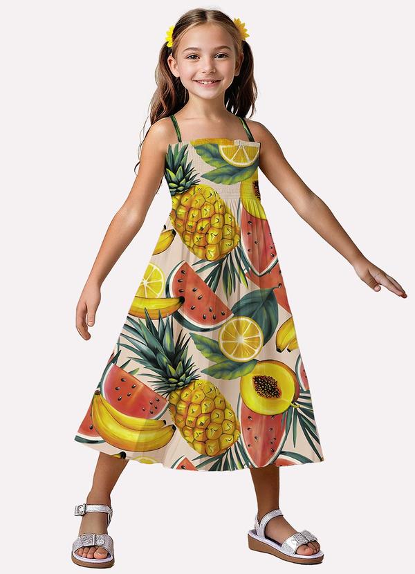 Vestido Infantil Menina Frutas Bege