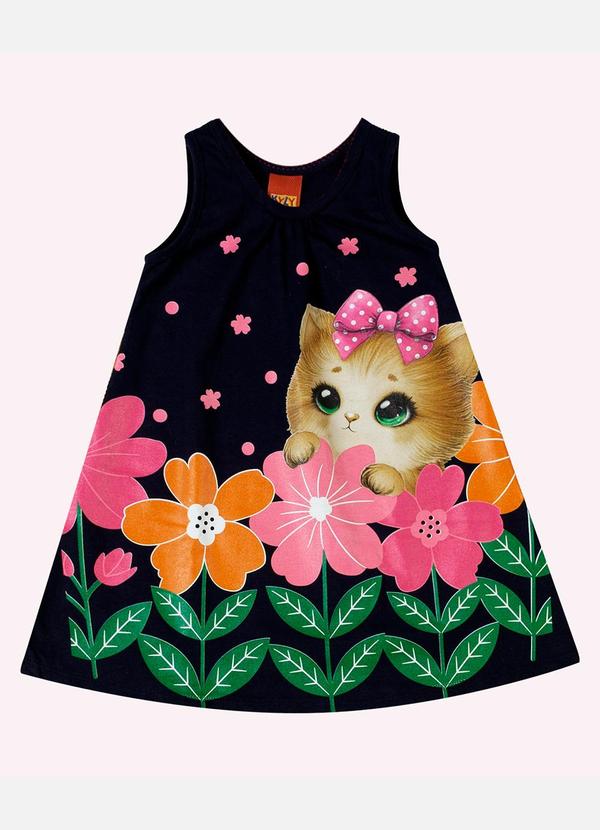 Vista 2 Vestido Infantil Menina Gatinho Azul Marinho Kyly Kyly