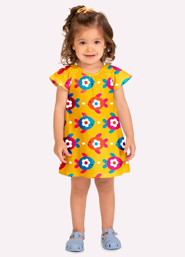 Vestido Infantil Menina Peixes Amarelo