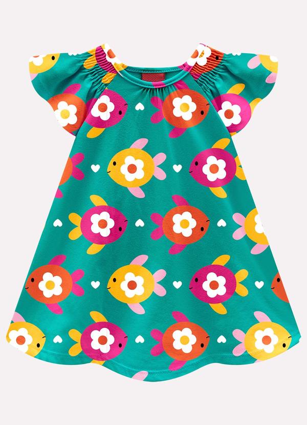 Vestido Infantil Menina Peixes Verde