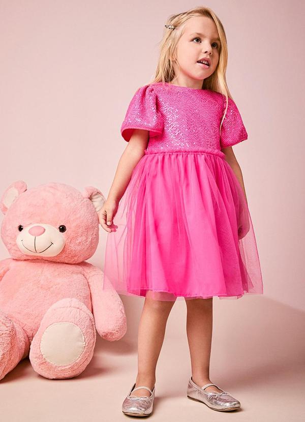 Vestido Infantil Menina Pink em Tule com Paetê