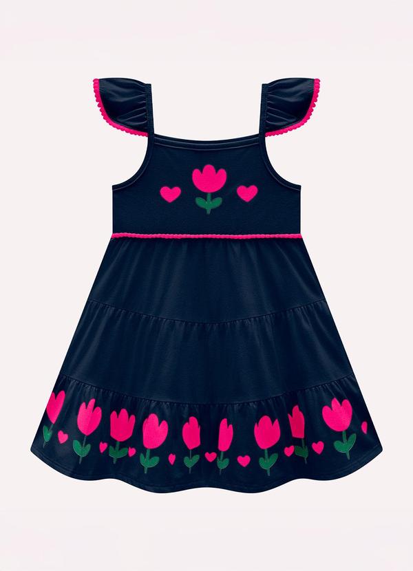 Vista 2 Vestido Infantil Menina Tulipas Azul Marinho Kyly Kyly