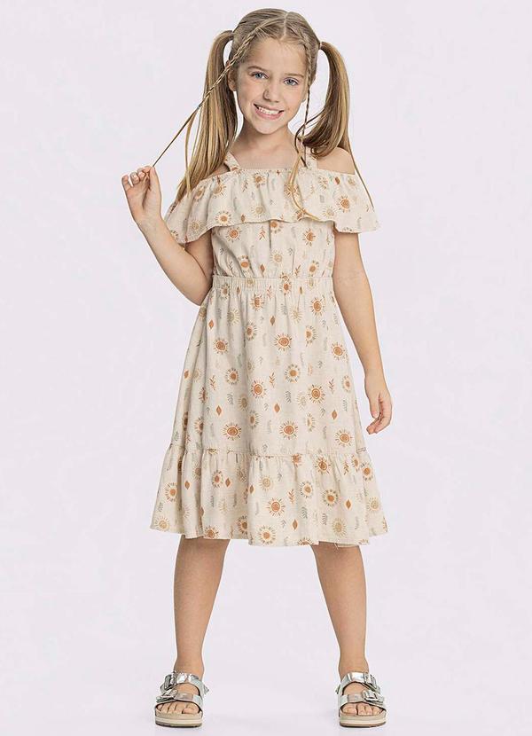 Vista 2 Vestido Infantil Ombro a Ombro SarjaBege Alakazoo Alakazoo
