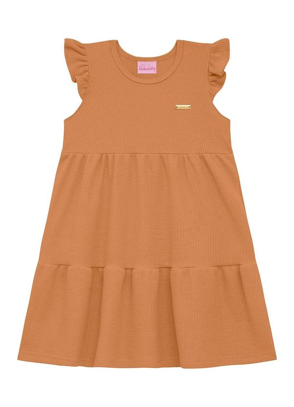 Vestido Infantil Plaquinha Manga Franzida Bege