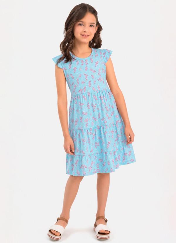 Vestido Infantil Rotativo Estampa Folhas Azul