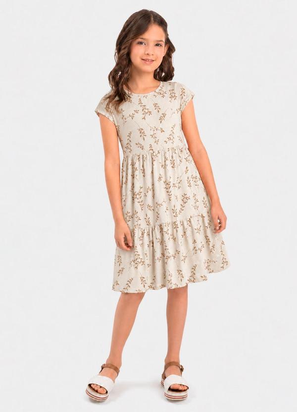 Vestido Infantil Rotativo Estampa Folhas Bege