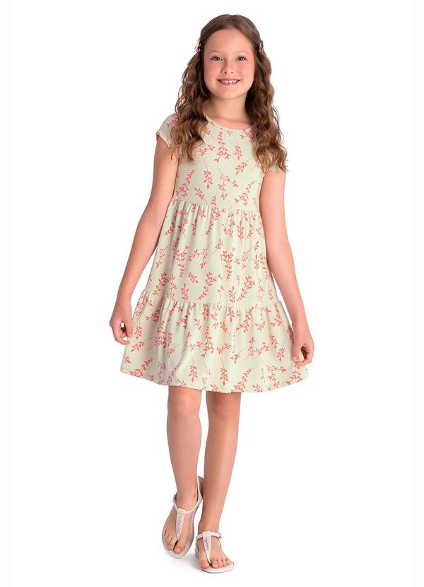 Vestido Infantil Rotativo Estampa Folhas Bege
