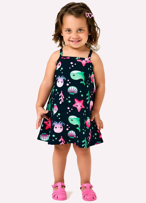 Vista 2 Vestido Infatil Menina em Algodão Azul Marinho Kyly Kyly