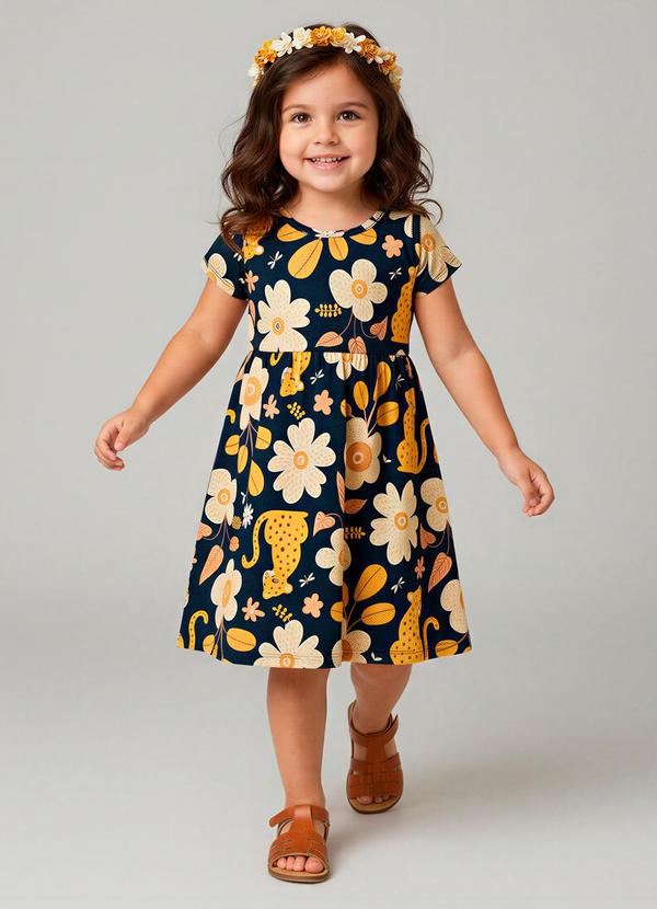 Vestido Infatil Menina Flores Azul Marinho