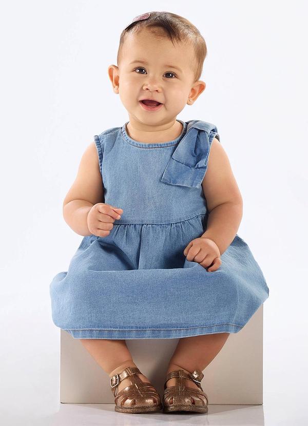 Vestido Jeans Elastano Laço Ombro Azul