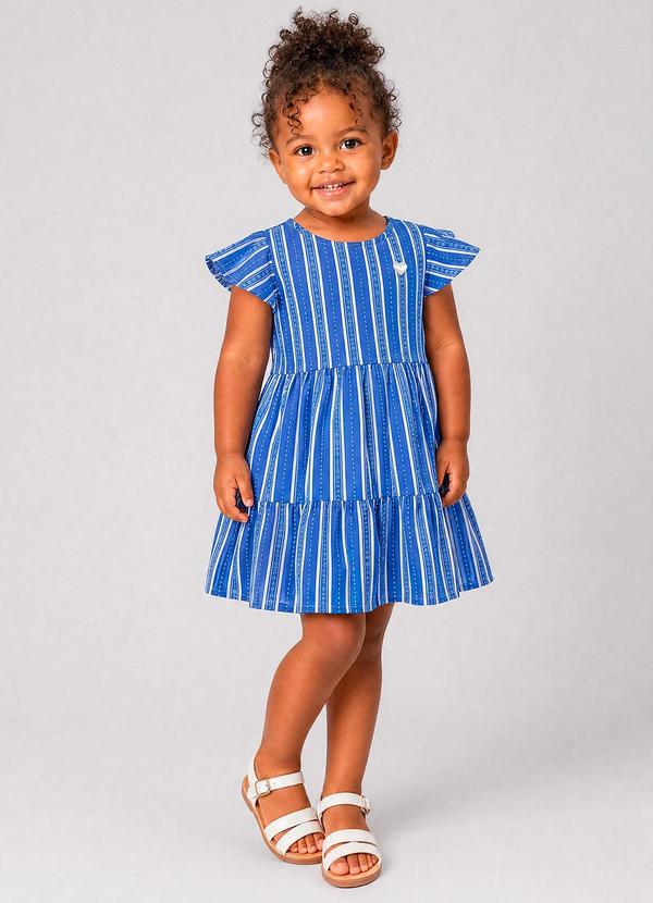 Vestido Listrado com Saia em Camadas Azul