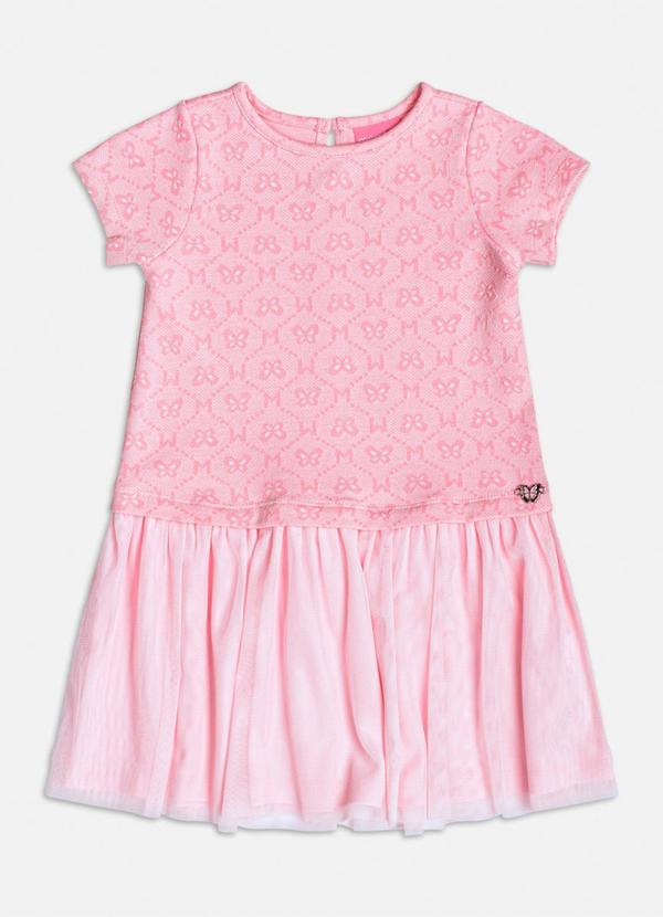 Vestido Manga Curta com Saia de Tule Rosa