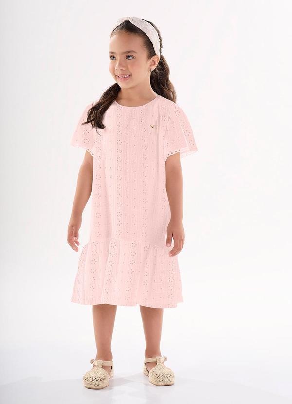 Vestido Manga Curta em Laise Rosa
