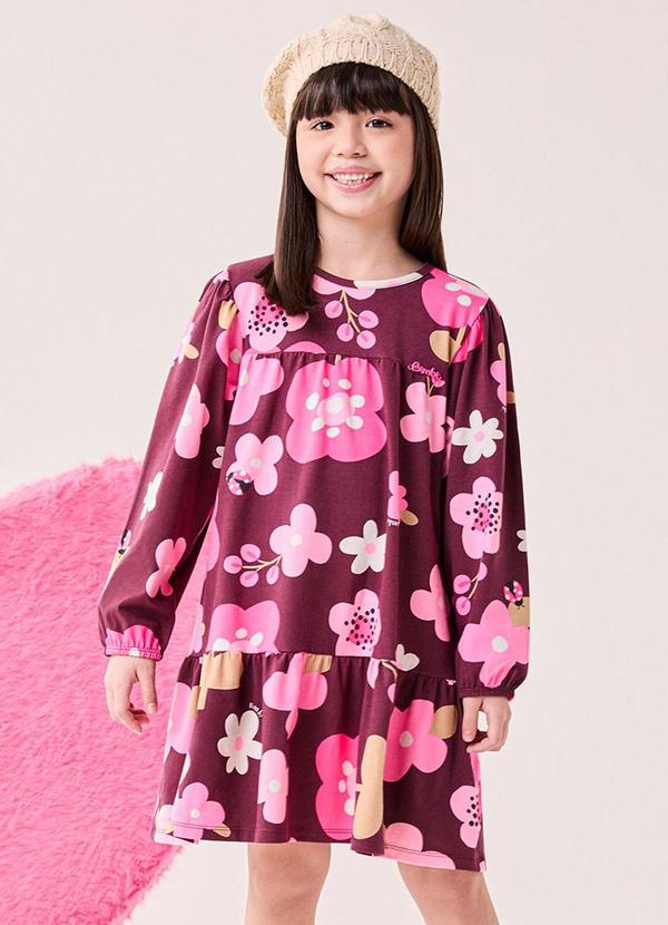 Vestido Manga Longa Bordo com Flores Estampado