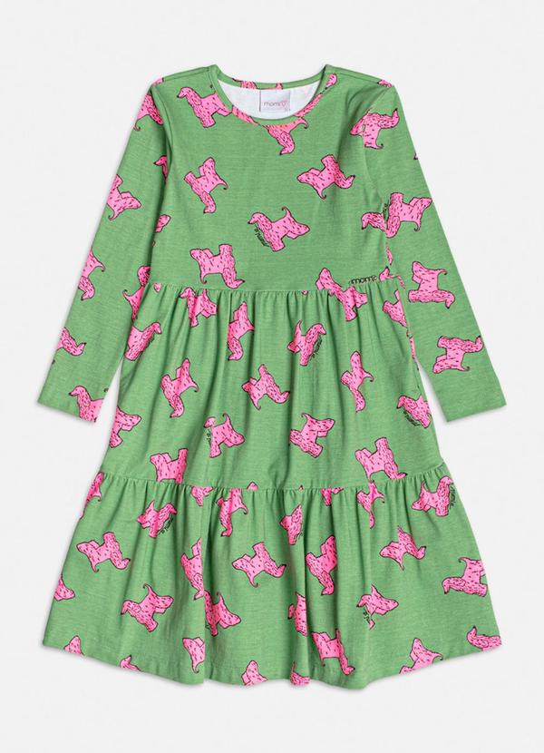Vestido Manga Longa com Estampa de Dog Verde