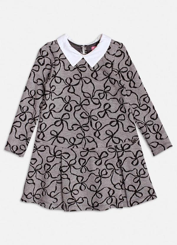 Vestido Manga Longa Jacquard com Laço Cinza