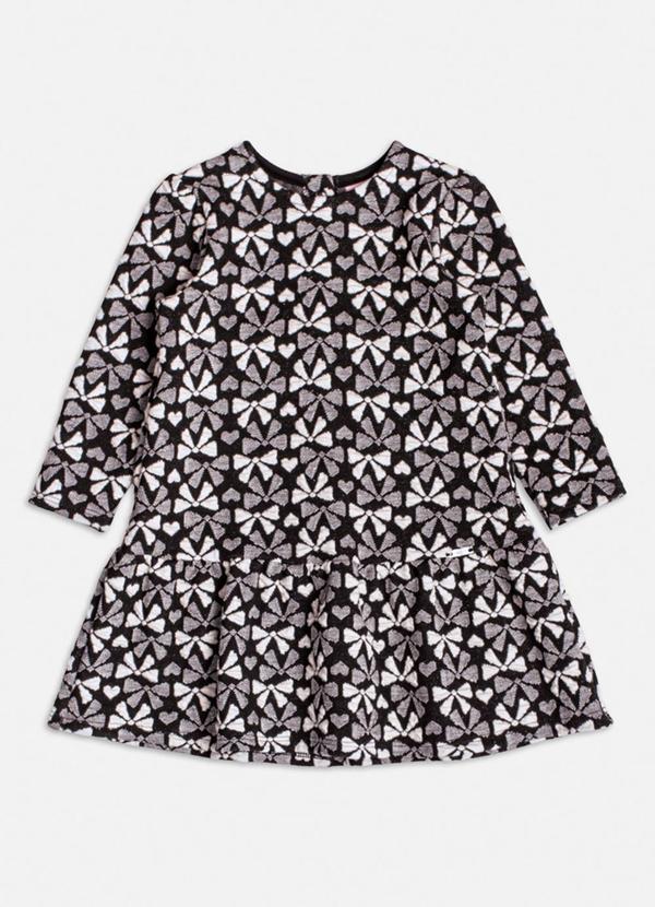 Vestido Manga Longa Jacquard com Laços Preto