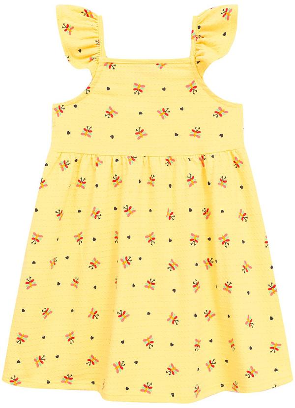 Vestido Mangas Babado Estampa Libélulas Amarelo